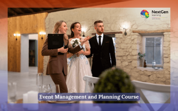 Female wedding planner working with bride and groom