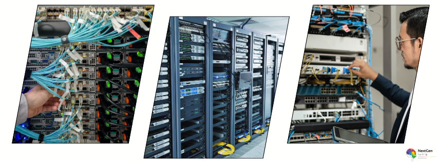 A set of three images showing network cables, server racks, and an IT professional working with network equipment, representing concepts taught in IT Administration and Networking training.