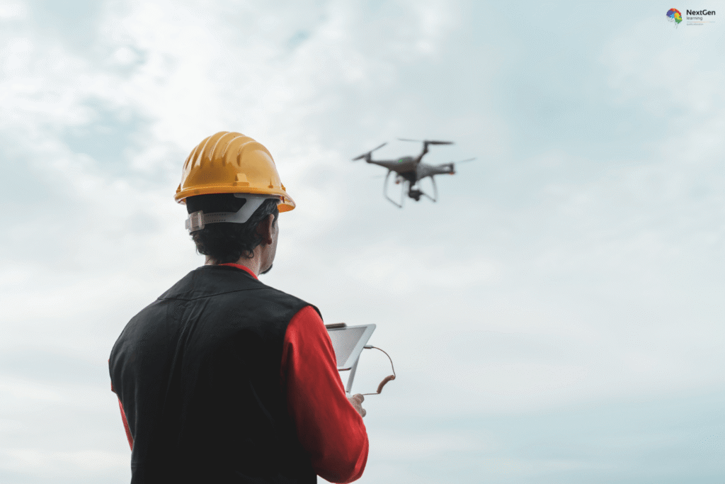 Infographic showing a drone photographer, highlighting the role of operating drones for aerial photography, surveying, inspection, and creative projects, emphasizing safety, precision, and modern technology in professional imaging.