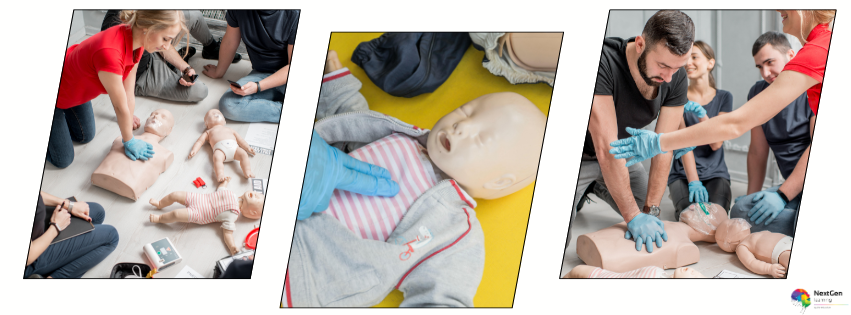 Paediatric First Aid Training session showing adults learning child CPR techniques using infant manikins.