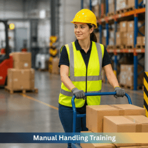 Manual handling training worker safely moving boxes with a trolley in a warehouse, demonstrating correct lifting techniques, workplace safety, and manual handling best practices.