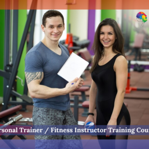 An image promoting the Personal Trainer/Fitness Instructor Training Course by NextGen Learning. The scene features a male fitness trainer holding a notebook and pen, smiling confidently, alongside a female trainee dressed in black workout attire. Both are standing in a brightly lit gym environment with various exercise equipment in the background. The NextGen Learning logo is visible in the top right corner, and the course title is displayed at the bottom of the image.