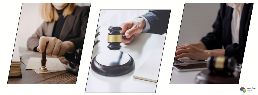 Legal professionals reviewing documents, signing papers, and using a gavel, representing skills gained through Certified Paralegal Training.