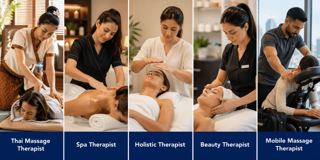 Thai massage therapist, spa therapist, and wellness career roles banner