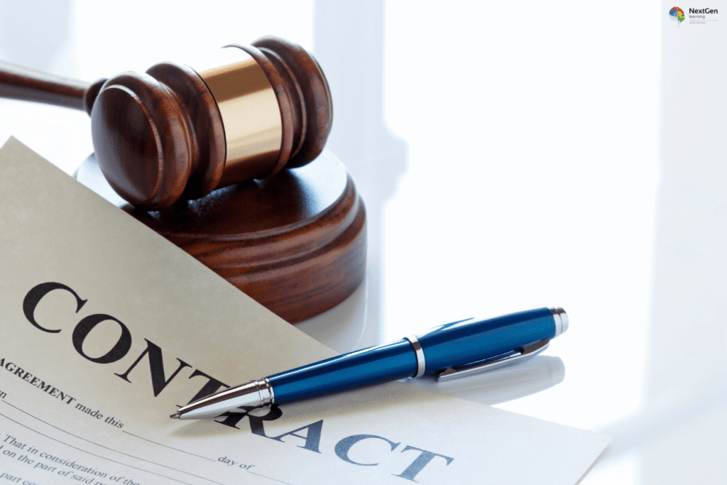 Infographic showing UK contracts law at Level 5, highlighting legal agreements, contract formation, authority, and essential principles of validity, enforceability, and professional practice.