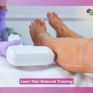 A close-up of a person's lower leg undergoing laser hair removal, with a technician in purple gloves holding the device.