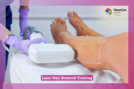 A close-up of a person's lower leg undergoing laser hair removal, with a technician in purple gloves holding the device.