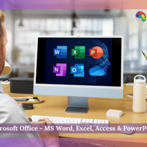 A man sitting at a desk in an office environment is looking at a computer screen displaying icons of Microsoft Office applications, including Word, Excel, PowerPoint, OneNote, and OneDrive. The screen background features a digital design with a human profile outline and circuit patterns. The NextGen Learning logo is displayed in the top right corner of the image. Below the computer screen is a text overlay that reads: "Microsoft Office - MS Word, Excel, Access & PowerPoint" in a purple bar. The desk includes items such as a keyboard, water bottle, plant, and notebooks.