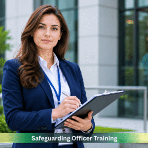 Safeguarding Officer Training professional course image showing a confident female safeguarding officer taking notes on a clipboard outside a corporate building, representing safeguarding, compliance, and duty of care in health and social care settings in the UK.