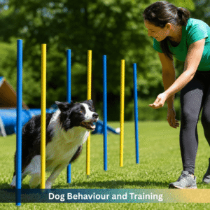 Dog trainer guiding a Border Collie through agility training poles during a dog behaviour and training session outdoors in the UK