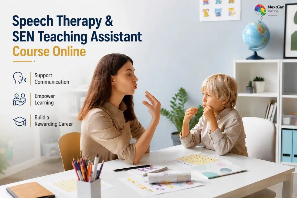 Speech Therapy and SEN Teaching Assistant Course showing an adult supporting a child with speech and communication activities in a classroom.