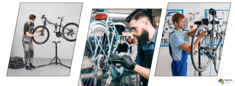 Three individuals working on different bicycle components in a workshop setting, illustrating practical skills taught in a Bicycle Maintenance Course.