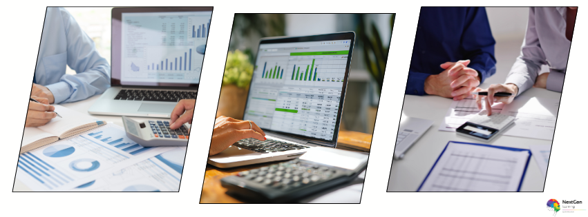 A collage of three professional office scenes showing laptops displaying financial dashboards, calculators, and reports — illustrating learners practising digital bookkeeping and finance management during Xero Accounting and Bookkeeping training.