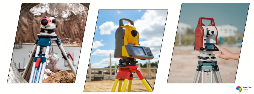 Three different surveying instruments on tripods at construction sites, illustrating tools commonly used in Building Surveyor Training.