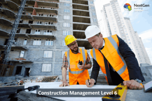 Two construction managers in safety vests and helmets reviewing plans at a building site, representing the Construction Management Course.
