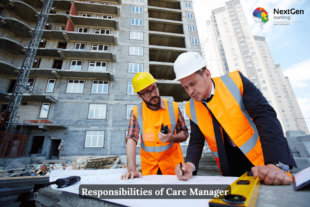 Two construction managers in safety vests and helmets reviewing plans at a building site, representing the Construction Management Course.
