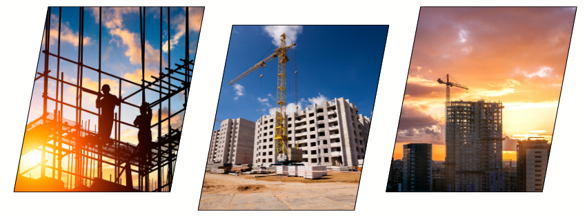 Three construction site views with cranes, workers, and high-rise projects, representing the Construction Management Course.