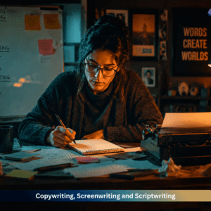 Professional writer working on copywriting, screenwriting and scriptwriting projects in a creative workspace for online writing course training