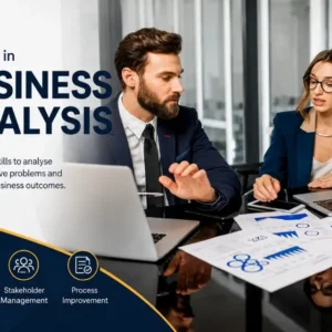 Diploma in Business Analysis course showing business professionals analysing data, processes and reports to develop practical business analysis, stakeholder management and process improvement skills.