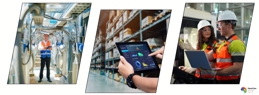 Professionals in industrial and warehouse environments managing equipment, logistics data, and operational tasks, representing concepts taught in a Facilities Management Course.