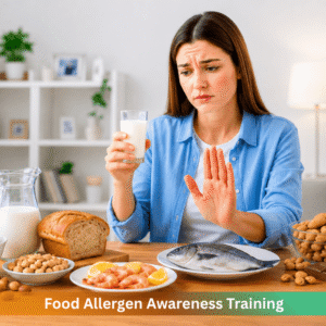 Food allergen awareness training showing a woman avoiding common allergenic foods including milk, eggs, nuts, fish, shellfish, wheat and soy to understand food allergy risks and allergen safety.