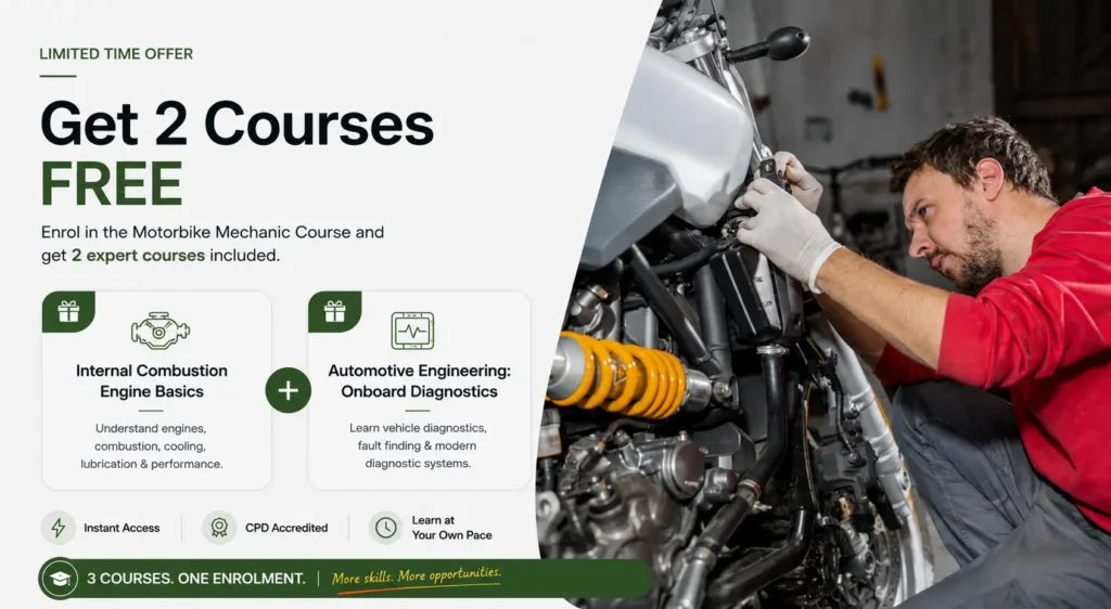 Motorbike mechanic repairing a motorcycle with two free courses in internal combustion engines and automotive diagnostics.