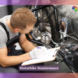 A man is working on a motorbike in a workshop, holding a pen and paper. He appears focused as he inspects the motorcycle, possibly taking notes or planning repairs. The background shows various tools and parts, suggesting a well-equipped garage setting.