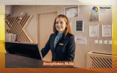 A professional and beautiful receptionist efficiently manages the front desk.