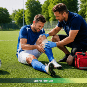 Sports first aid training – medic treating injured football player knee injury on field Level 5 course
