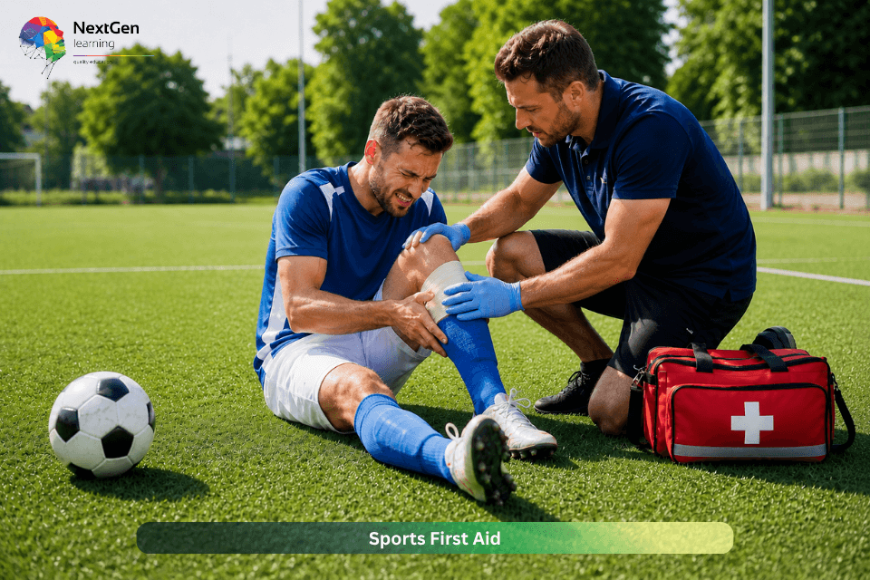 Sports first aid training – medic treating injured football player knee injury on field Level 5 course