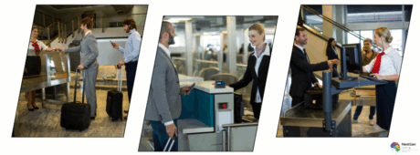 A series of airport service scenes showing passengers checking in, presenting travel documents, and interacting with staff—illustrating procedures taught in an Airport Operations Course.