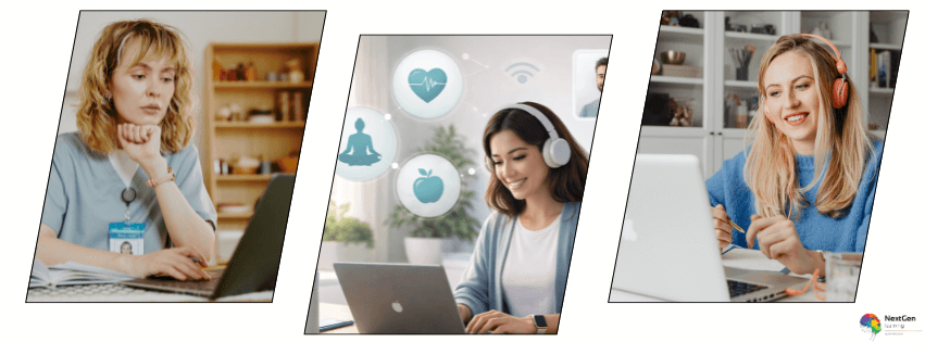 Remote professionals working online while supporting employee wellbeing and workplace wellbeing in remote teams