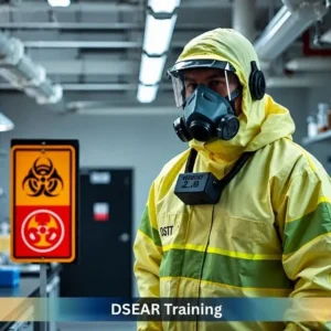 Worker wearing protective PPE in a hazardous workplace during DSEAR Training, demonstrating safe handling of dangerous substances and explosive atmosphere awareness.