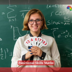 Smiling young female teacher wearing glasses standing in front blackboard holding number fans in Maths classroom