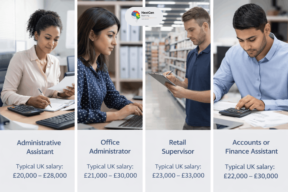 Adult professionals using maths skills in office, retail, and finance roles relevant to Functional Skills Maths Level 2