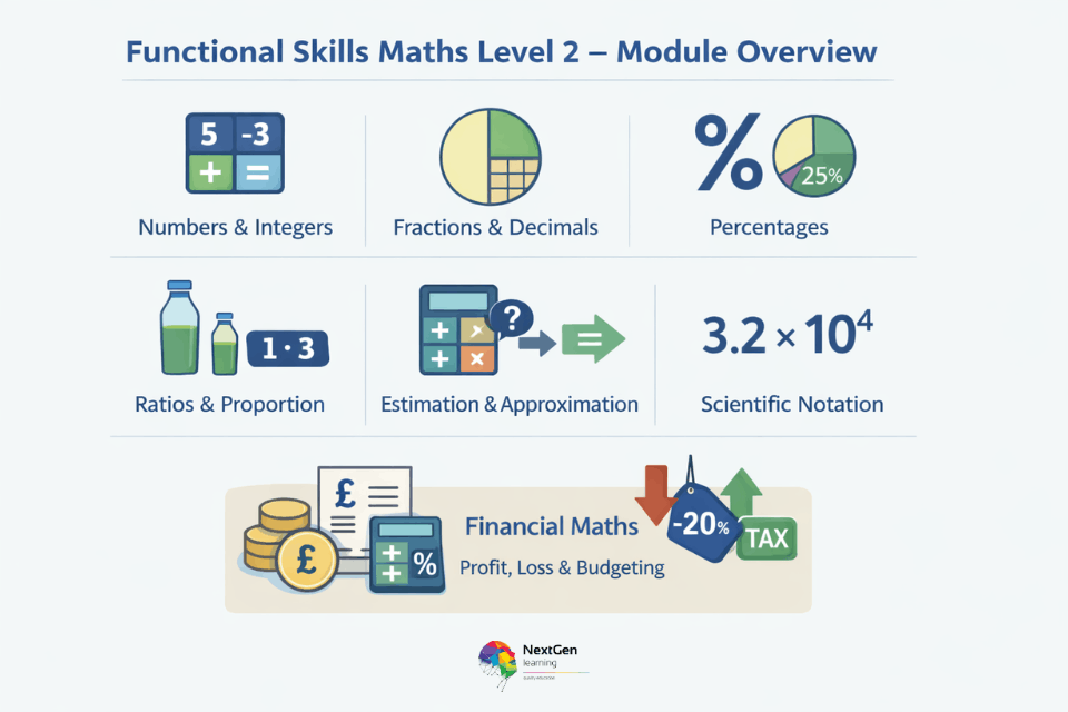 Functional Skills Maths Level 2 module overview including numbers, fractions, percentages, ratios, estimation, and financial maths