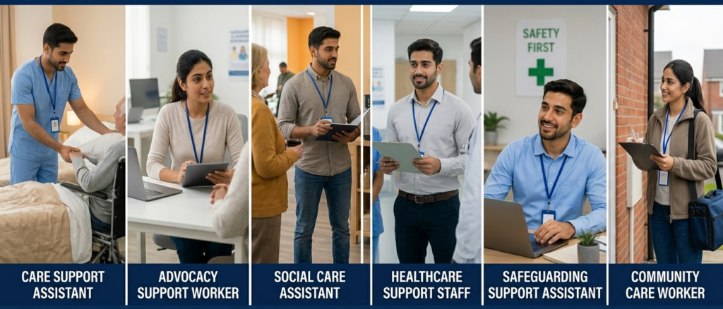 Six-panel professional career chart for healthcare advocacy roles.