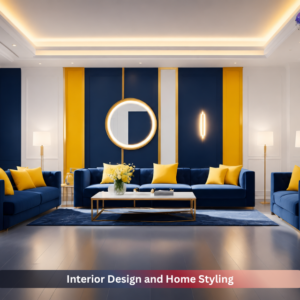 Luxury interior design living room with modern blue velvet sofas, yellow accent cushions, elegant wall panels, stylish lighting, and contemporary home styling décor.