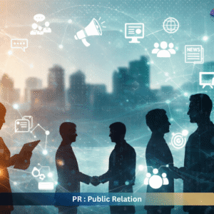 Silhouetted professionals networking with digital communication icons representing public relations, media strategy, and brand communication in a modern business environment