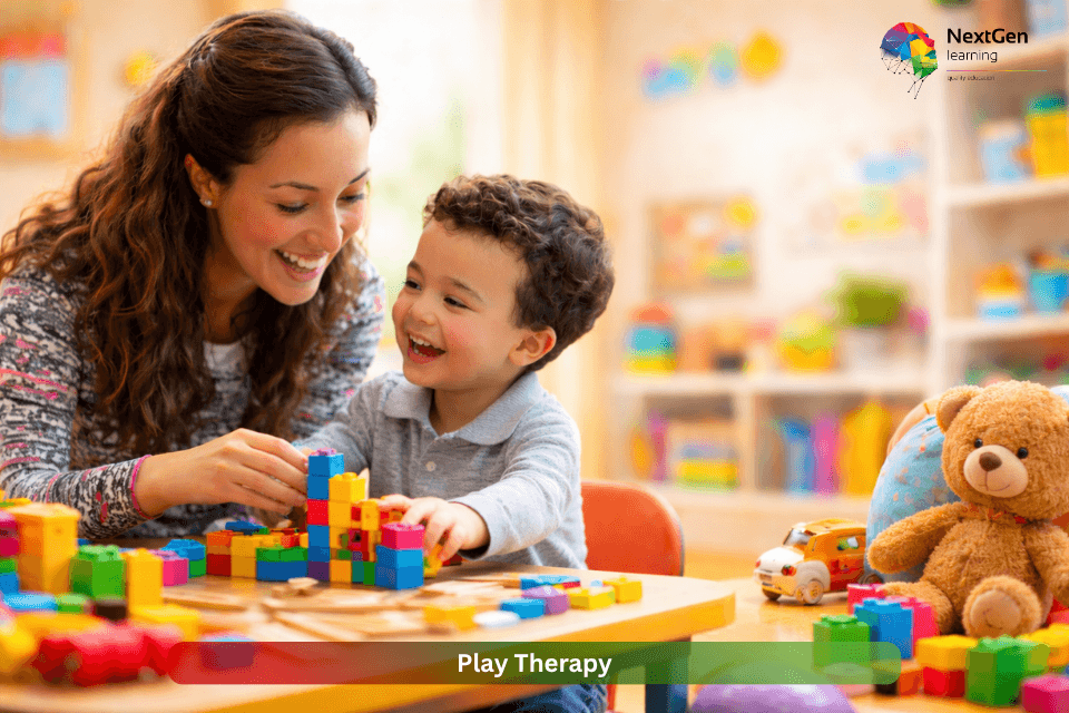 Play therapy session with therapist and child using toys to support emotional development and communication skills in a safe environment