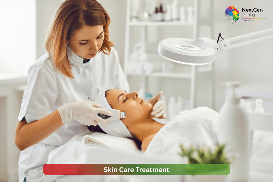 Professional skin care treatment facial therapy with aesthetician using advanced skincare device in clinic