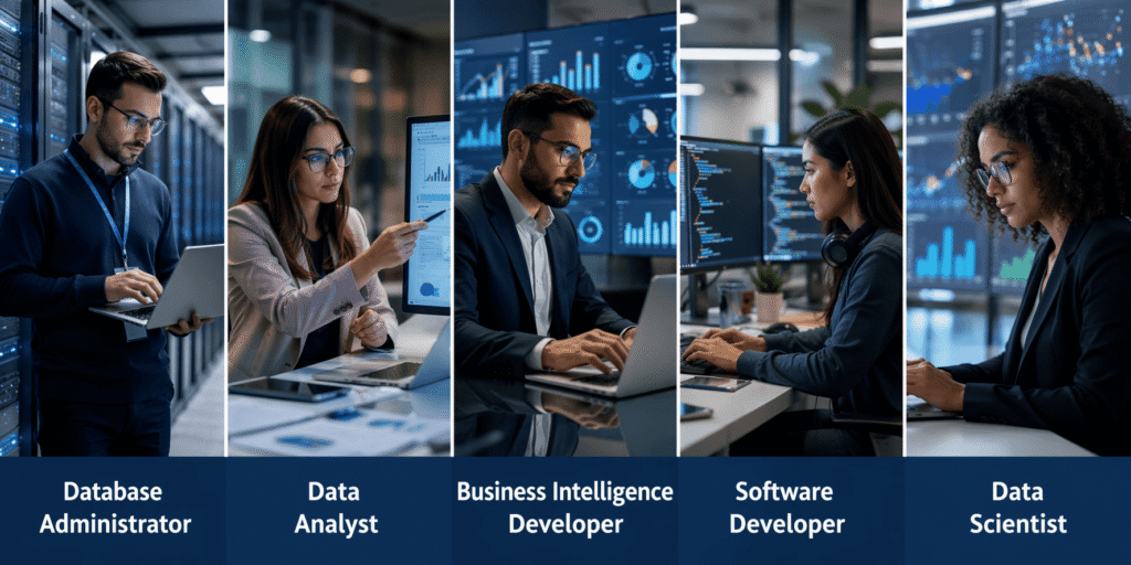 Professionals in database, data analysis, and software development roles