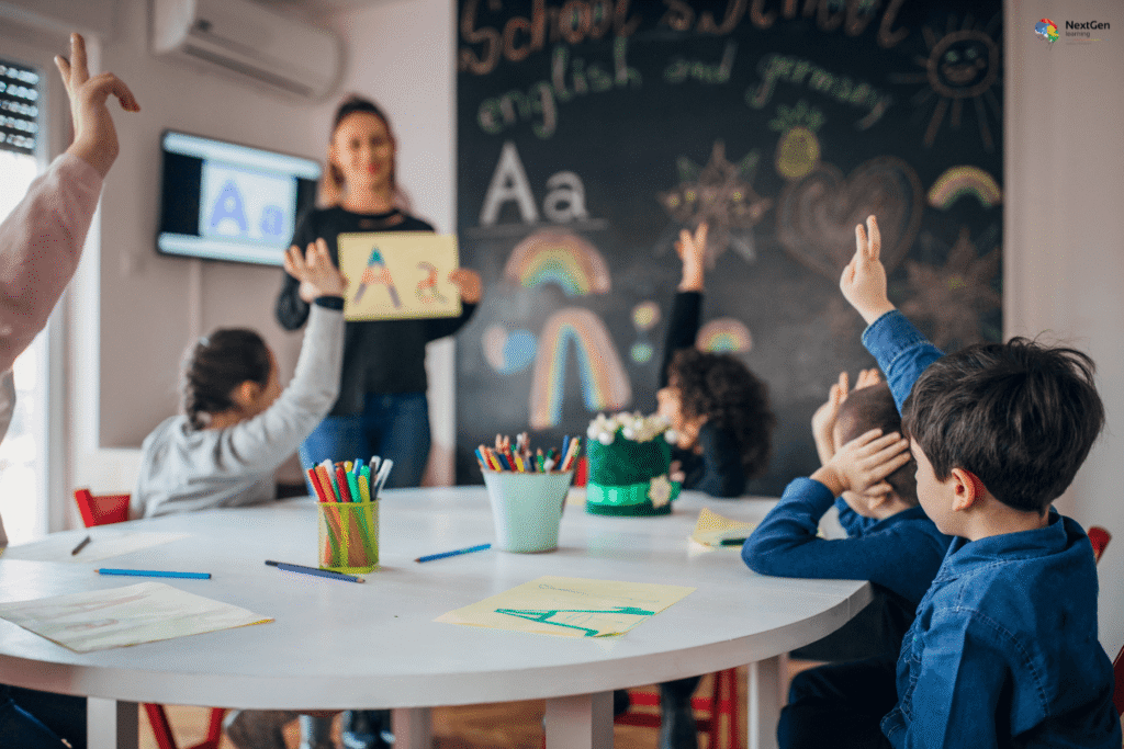 Infographic showing blended learning course for teachers, highlighting integration of online and face‑to‑face teaching methods, digital tools, and classroom strategies to enhance literacy, numeracy, and ICT development in modern education.