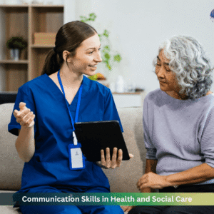Healthcare worker communicating with an elderly patient during a health and social care consultation session in a supportive care environment.