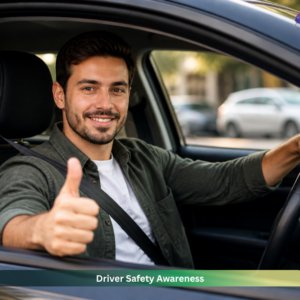 Driver safety awareness training – confident driver wearing seatbelt giving thumbs up inside car