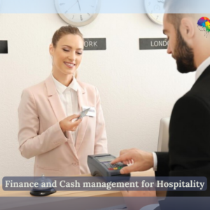 A woman in a light pink blazer hands a credit card to a man in a black suit who is using a payment terminal. They are in a well-lit office with wall clocks displaying times for Dubai, New York, and London.