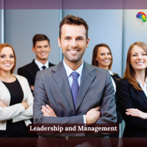 A confident businessman in a grey suit and tie stands at the forefront with his arms crossed, smiling, while four diverse professionals, including two women and two men in formal attire, stand behind him. The setting is a modern office environment. The logo of "NextGen Learning" is visible in the top-right corner, and a text overlay at the bottom reads "Leadership and Management".