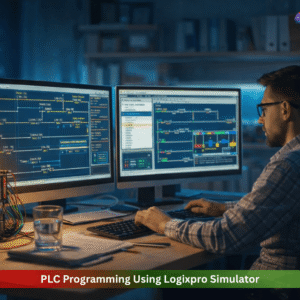PLC programming using LogixPro Simulator with ladder logic automation control system displayed on dual monitors