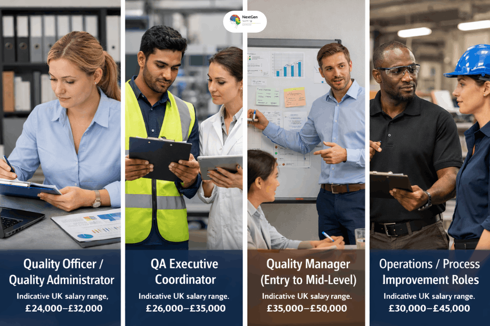 Quality management career roles including quality officer, QA coordinator, quality manager, and process improvement positions with indicative UK salary ranges.