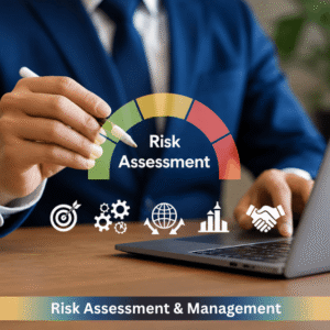 Professional conducting a risk assessment using a risk management dashboard on a laptop, illustrating workplace hazard identification, risk analysis and organisational risk management.